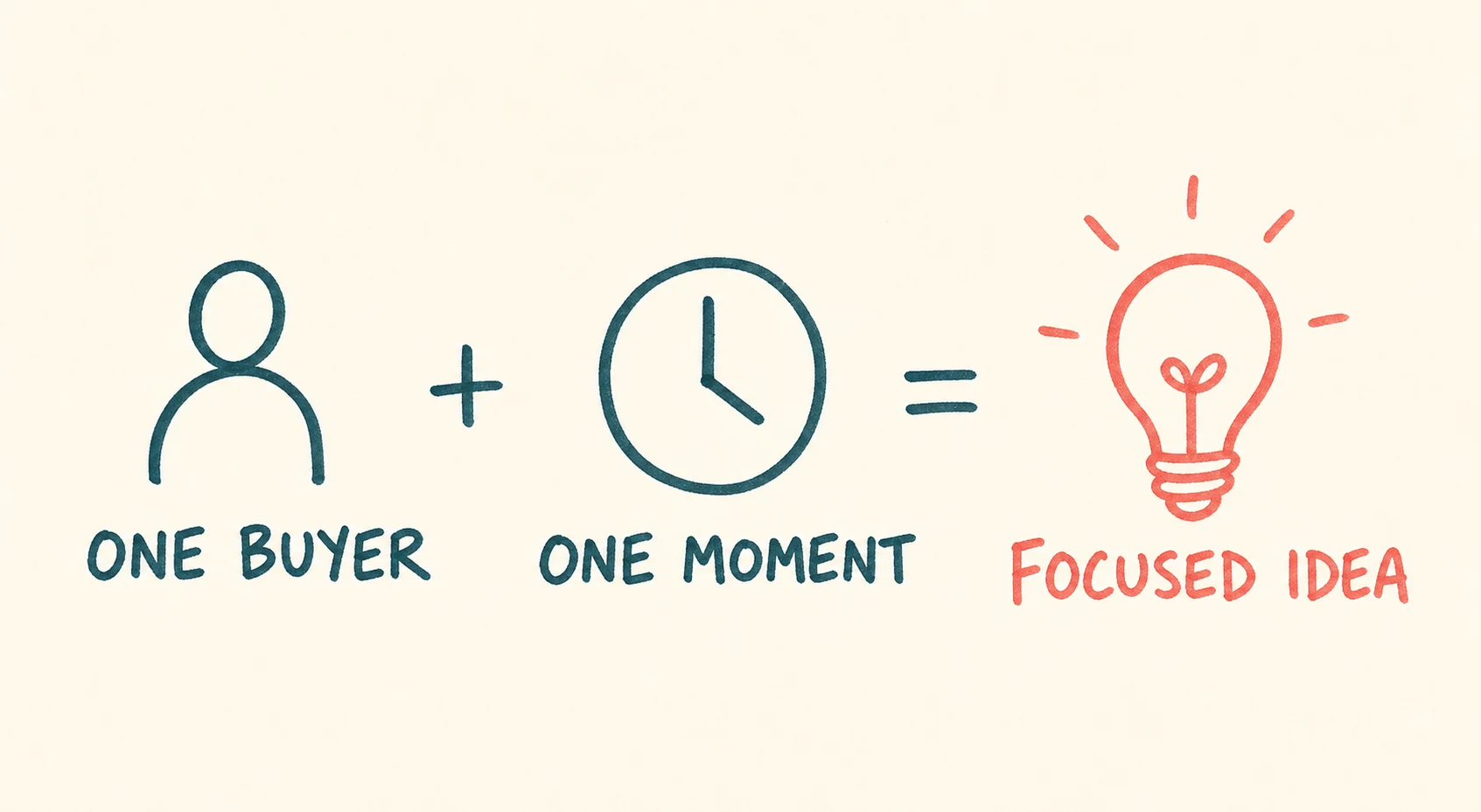Handwritten equation showing one buyer plus one moment becoming a focused idea