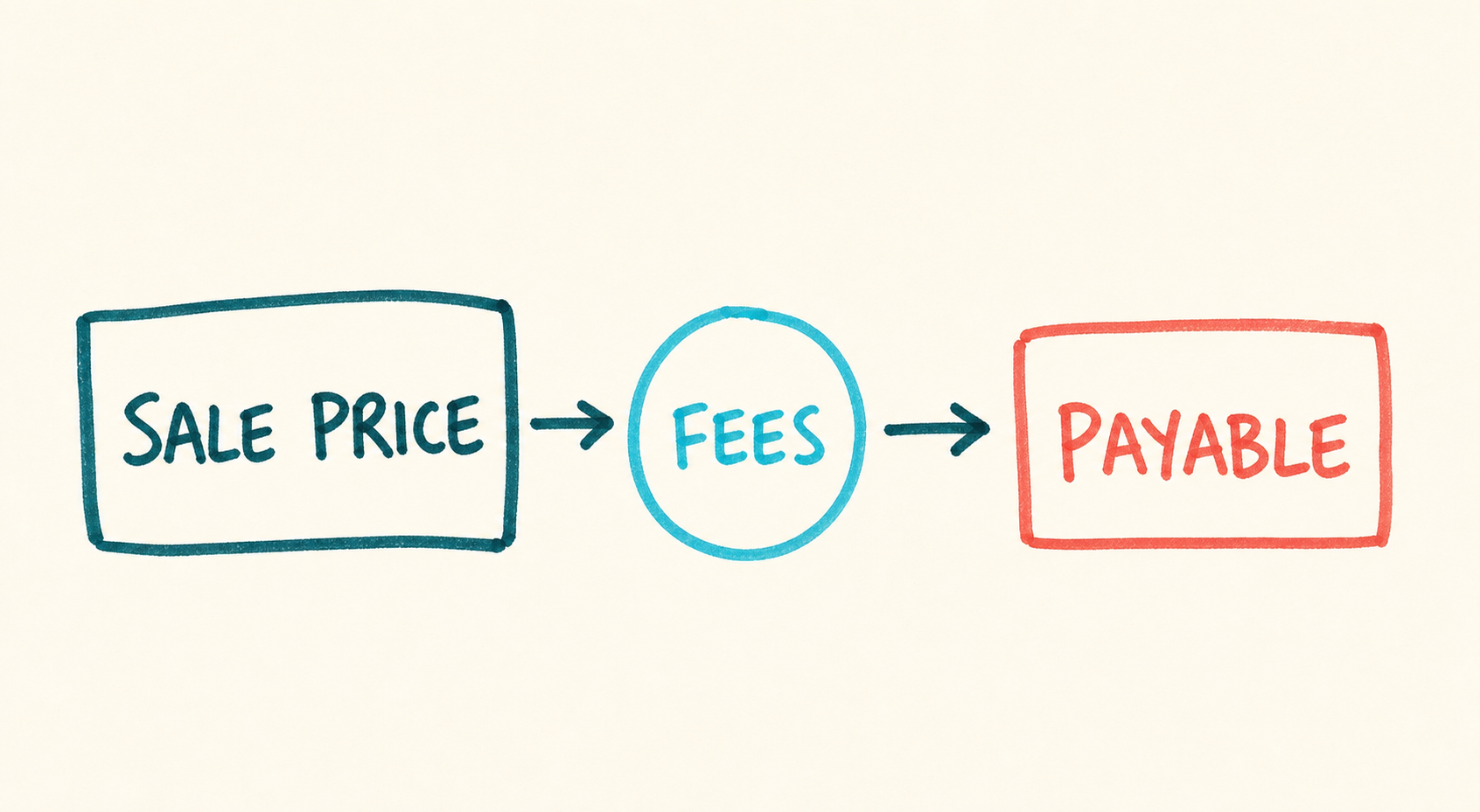 Handwritten flow showing sale price passing through fees to payable earnings