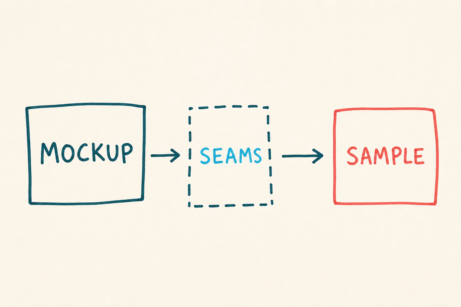 Handwritten flow showing a mockup checked against seams before a sample