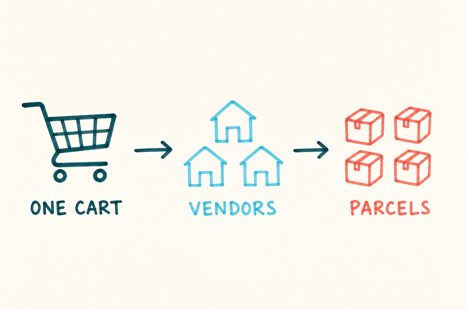 Handwritten flow showing one cart routed to vendors and multiple parcels