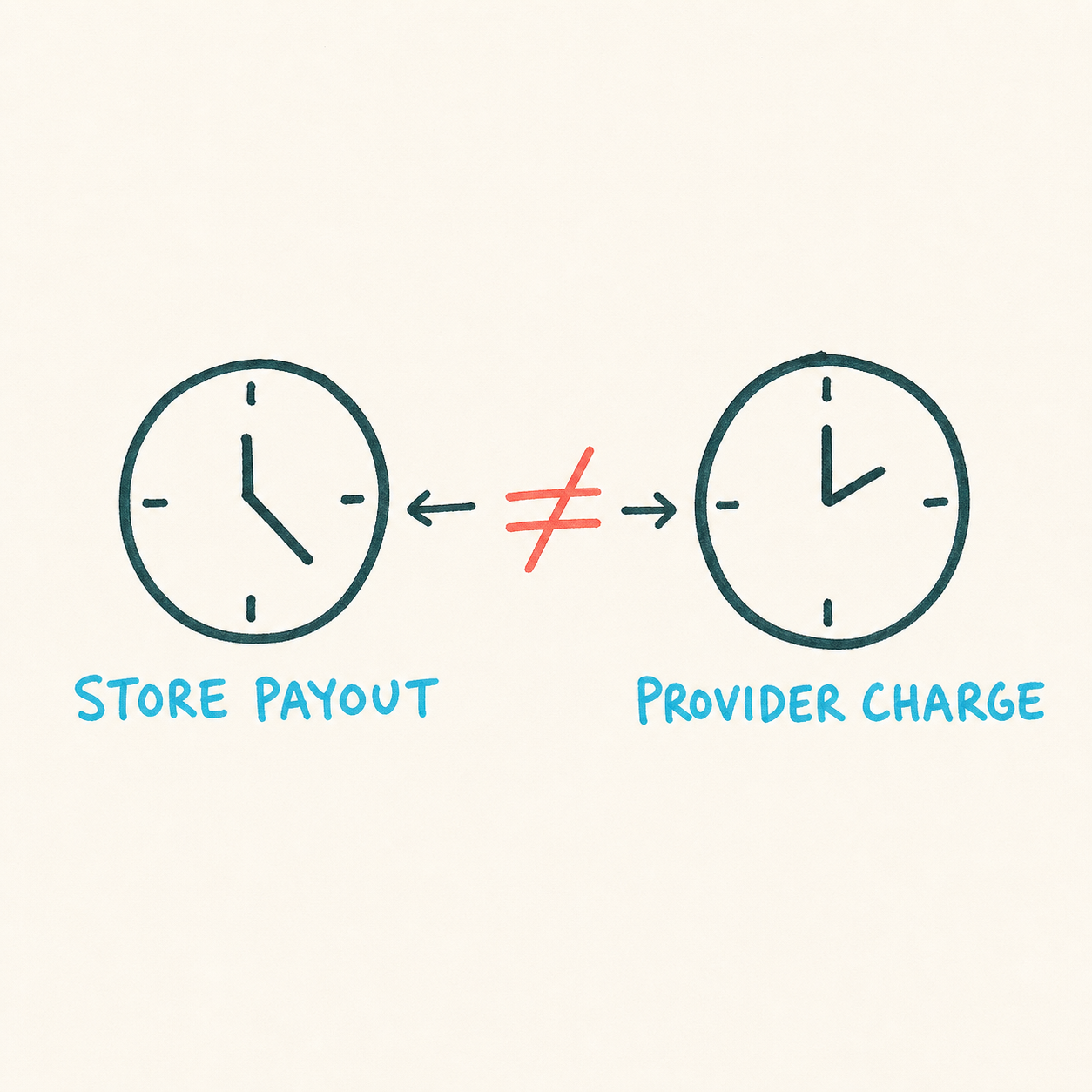 Handwritten comparison showing store payout and provider charge on separate clocks
