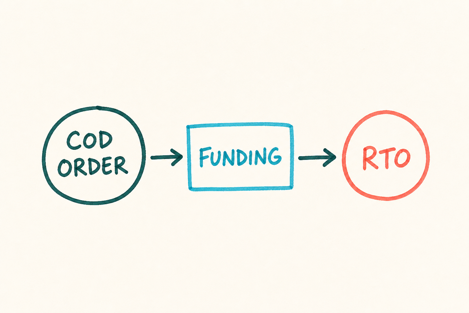Handwritten flow showing a cash-on-delivery order needing funding before a return to origin