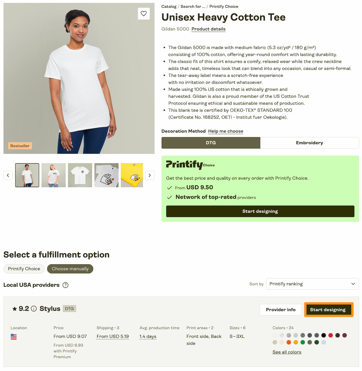 Printify product page showing provider choices, price, shipping, production time, print areas, and sizes