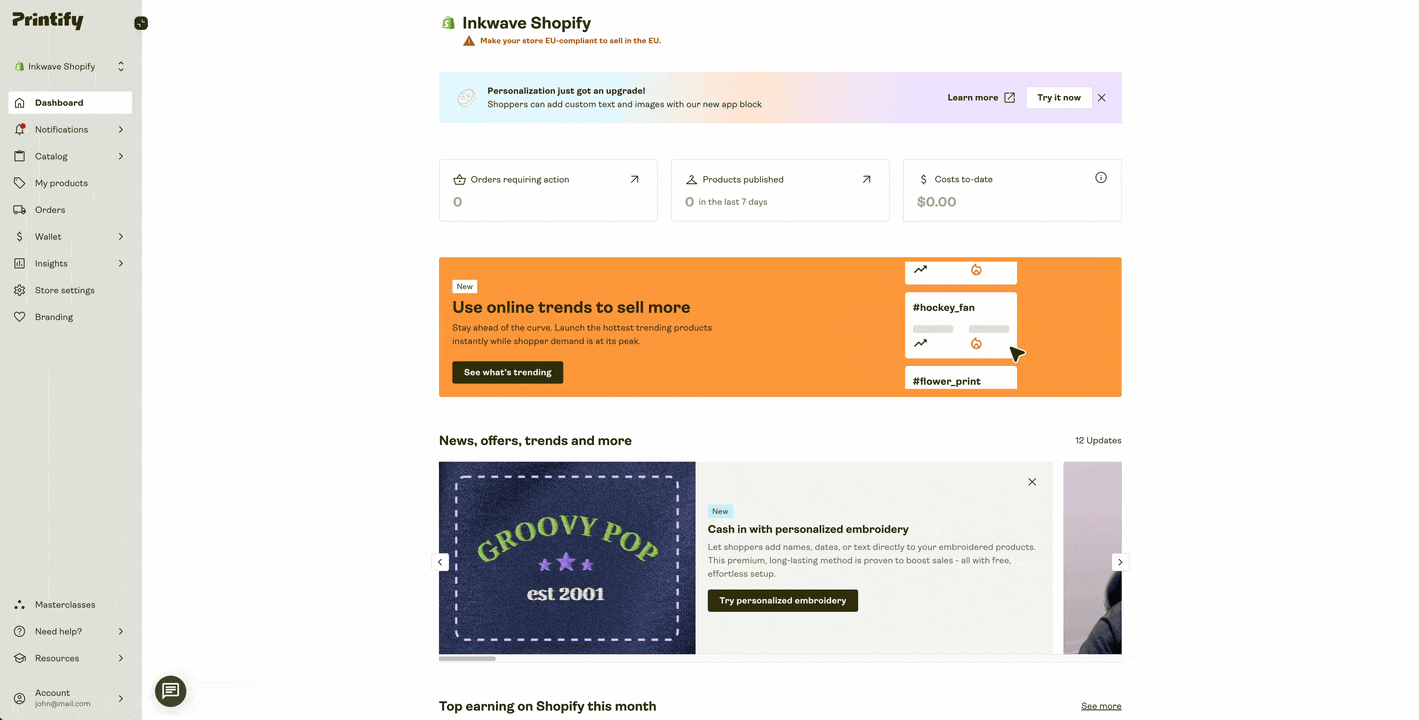 Printify dashboard showing the option to connect a Shopify store