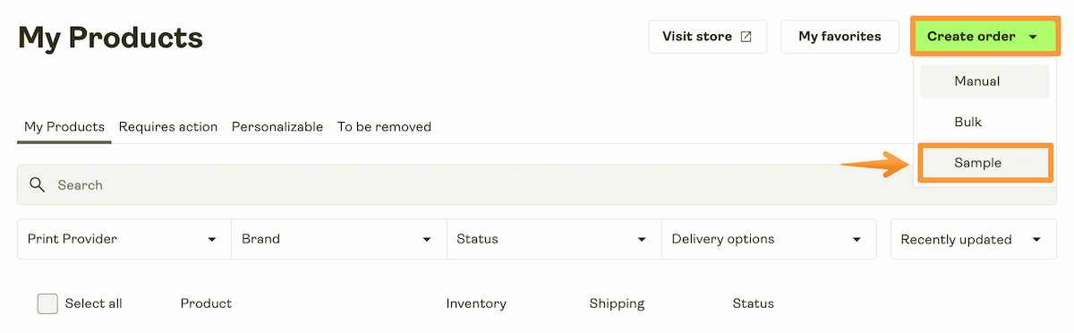 Printify My Products page with the Sample order action highlighted