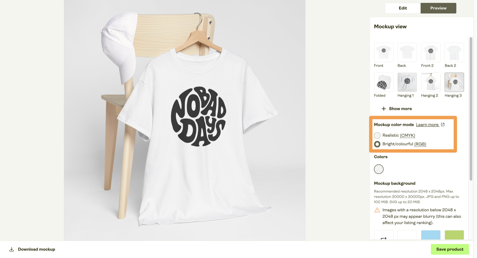 Printify preview showing a design on several shirt colors