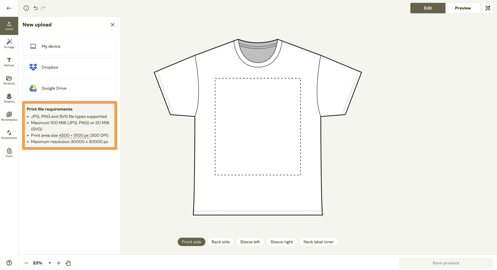 Printify Product Creator showing the upload panel, file requirements, and printable area on a T-shirt