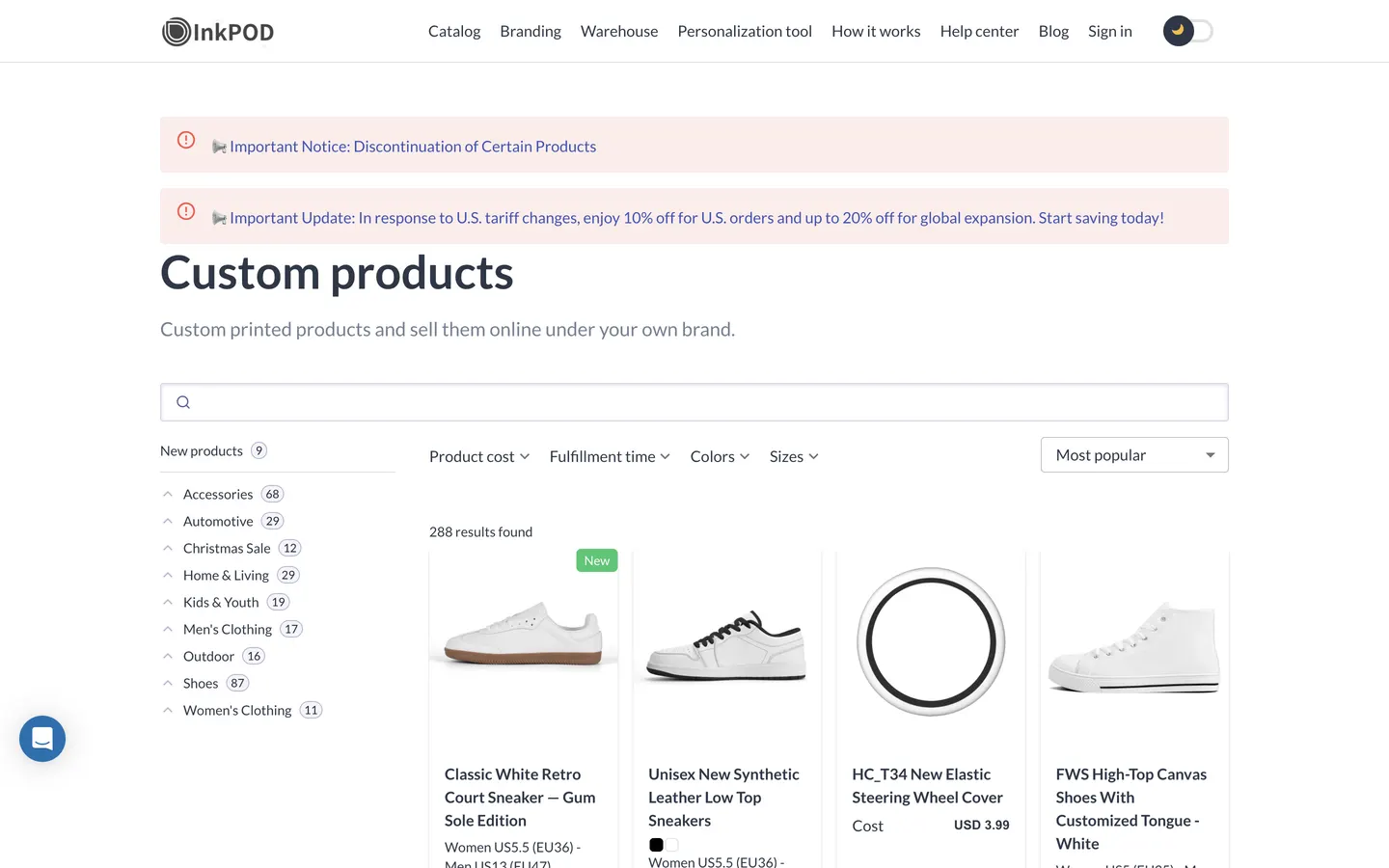 Exemple du catalogue InkPOD Fulfillment