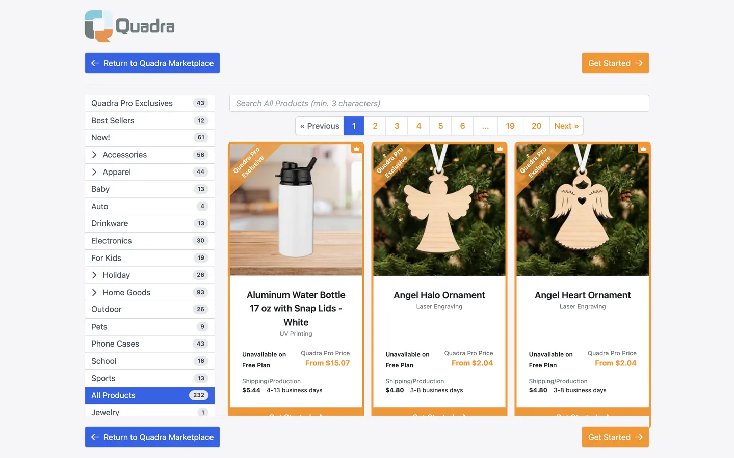 Exemple du catalogue QuadrA Marketplace